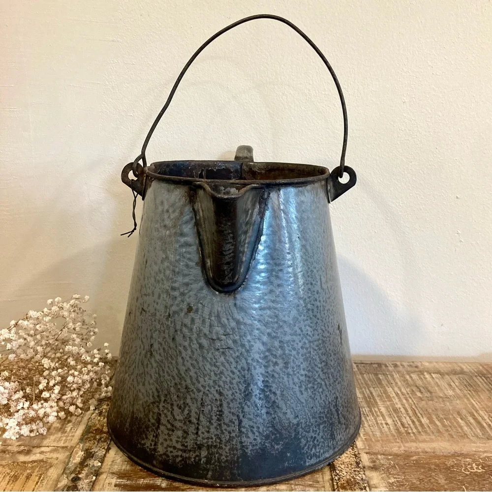 Distressed Gray Graniteware Enamelware Cowboy Coffee Pot Rustic Farmhouse Decor